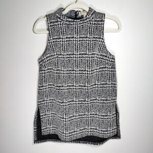 Michael Kors Black White Plaid Sleeveless Mock Neck Textured Top M Mod 60s